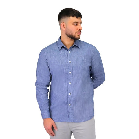 Men's Linen Long Sleeve Slim Fit Front Button Garment Wash Shirt