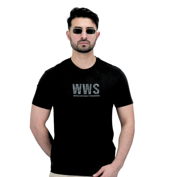 تي شيرت رجالي من القطن الجيرسي بقصة ضيقة وأكمام قصيرة وياقة دائرية وطبعة WWS